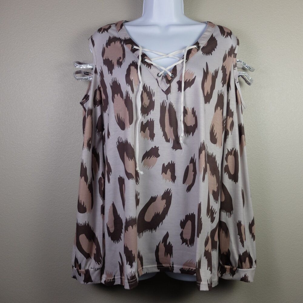 Sheilay Tie Front Cold Shoulder Long Sleeve Top Size Large